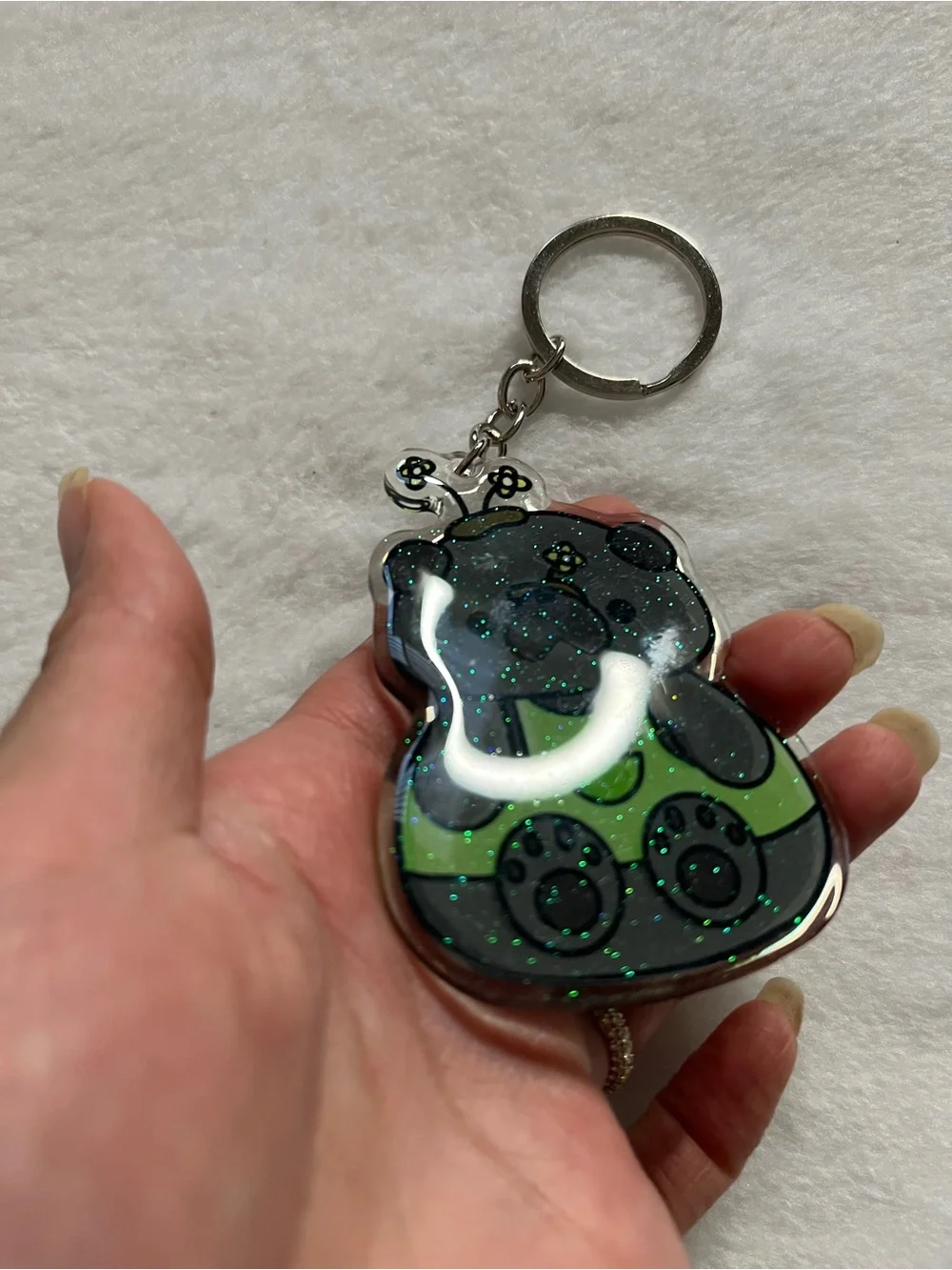 Pug black acrylic glitter keychain Cute Keychain with Green Overalls